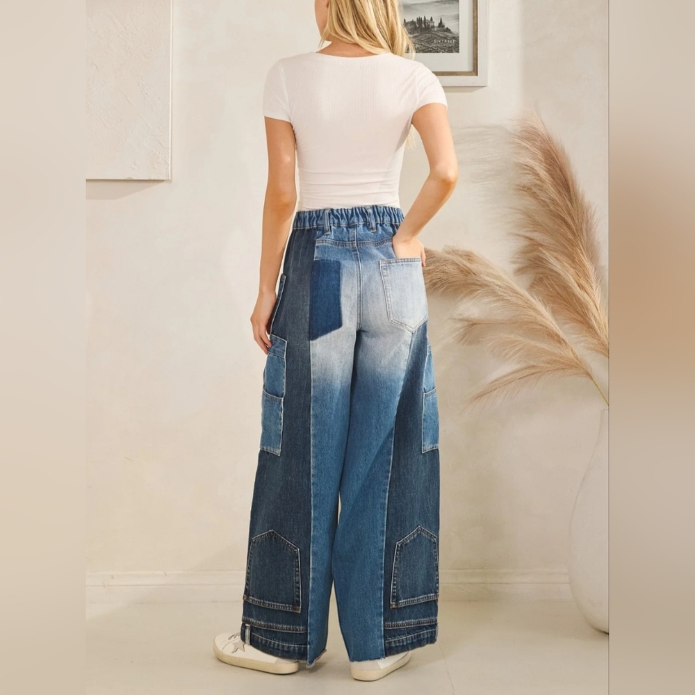 Oli & Hali Upside-Down Wide-Leg Jeans in Light & Dark Blue size Large - Picture 8 of 12